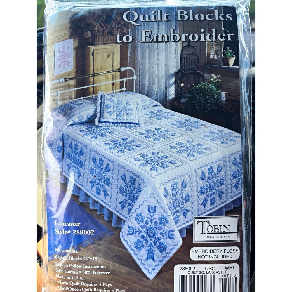 Tobin Lancaster Style 288002 Quilt Blocks Set of 6 Floral Embroidery 18x18 NEW
